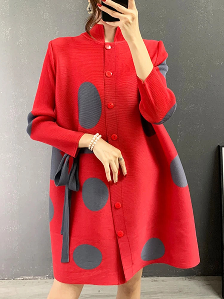 GVUW Stand Collar Pleated Dress 2024 Autumn Single Breasted Drawstring Dot Printing Festival Clothing Women Elegant 25D1062 240127