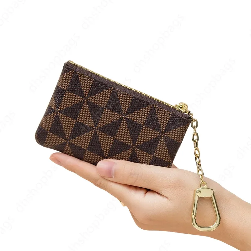 Key Storage Bag with Chain Women Mini Coin Purse Luxury Designer Plaid Leather Small Zipper Wallet Ladies Keychain Trendy 62650 Y260206