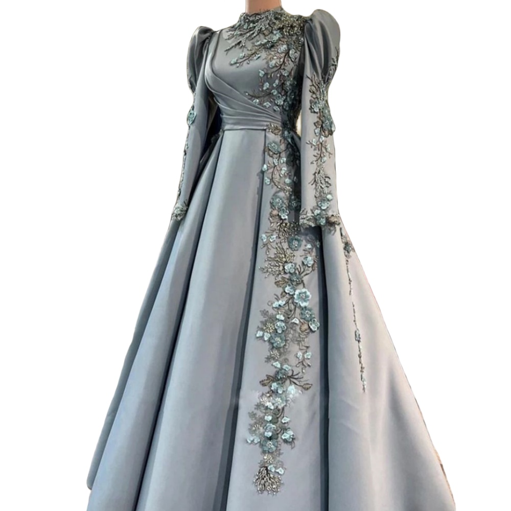 2024 Sexy Evening Dresses Wear High Neck Muslim Long Sleeves Gray Lace Appliques Flowers Crystal Ball Gown Satin Prom Dress Party Pageant Formal Gowns