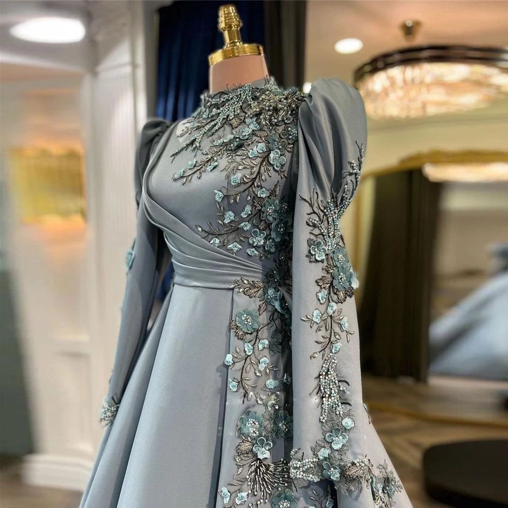 2024 Sexy Evening Dresses Wear High Neck Muslim Long Sleeves Gray Lace Appliques Flowers Crystal Ball Gown Satin Prom Dress Party Pageant Formal Gowns