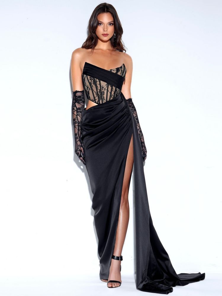 Sexyy Fashion Long Prom Party Dress 2024 Strapless Pleats Silt Lace Satin Evening Formal Gowns Birthday Cocktail Dresses Robe De Soiree