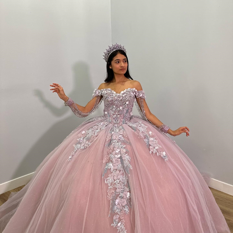 Mexico Pink Off The Shoulder Ball Gown Quinceanera Dresses Applique Lace Beads Crystal Tull Birthday Party Gowns Prom Dress Sweet 16 Vestidos De 15 An