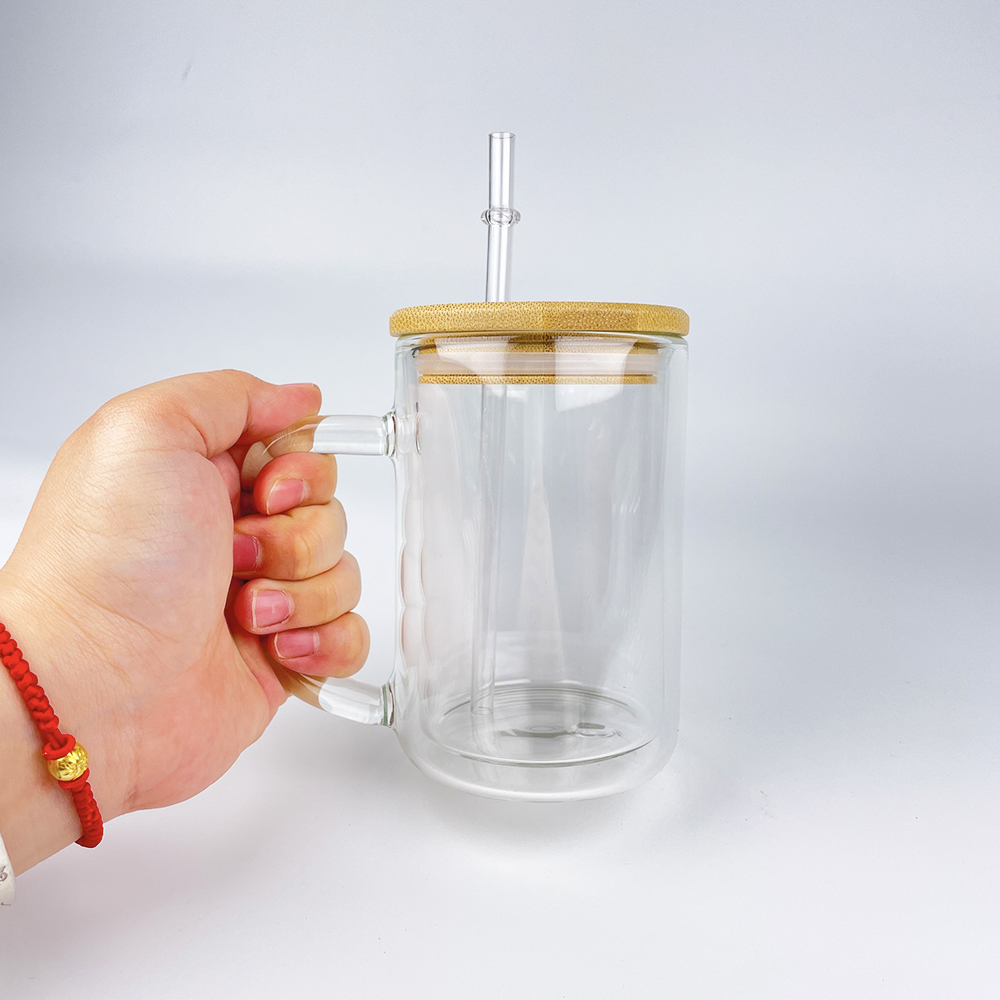 Reusable pre-drilled hole clear 15oz snow globe sublimation high borosilicate double walled glass coffee Milk beer mug with bamboo lid and handle For 