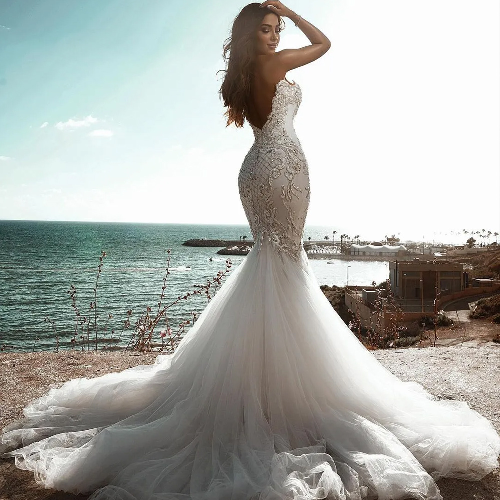 Stunningbride 2024 Gorgeous Lace Mermaid Wedding Dresses Strapless Neck Beaded Backless Sweep Train Sequined Appliqued Tulle Bridal Gowns