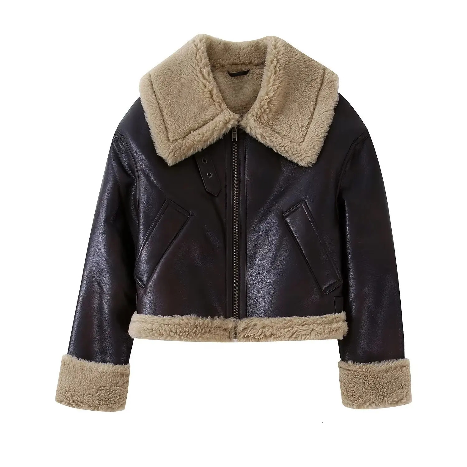 Fashion Lapel Lamb Wool Leather Jacket Women Winter Long Sleeve Zipper Thickened Coat Casual Chic Female Warm Outerwear 240131