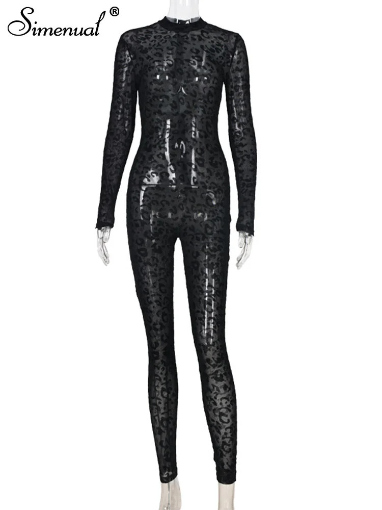 Simenual Animal Instinct Mesh Bodystocking Leopard See Through Velour Long Sleeve Rompers Womens Jumpsuit Sexy Midnight Clubwear 240129