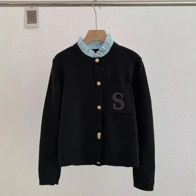 S letter embroidered knitted womens sweater cardigan Y2K detachable ruffle collar womens Sandros sweater jacket 240131