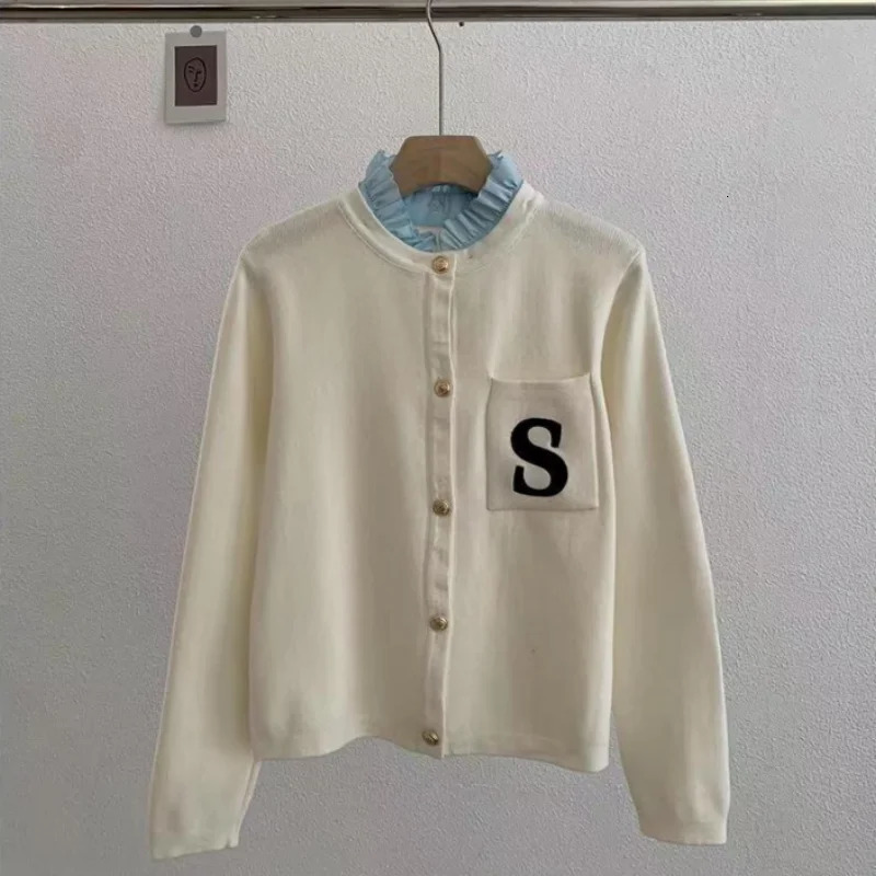 S letter embroidered knitted womens sweater cardigan Y2K detachable ruffle collar womens Sandros sweater jacket 240131