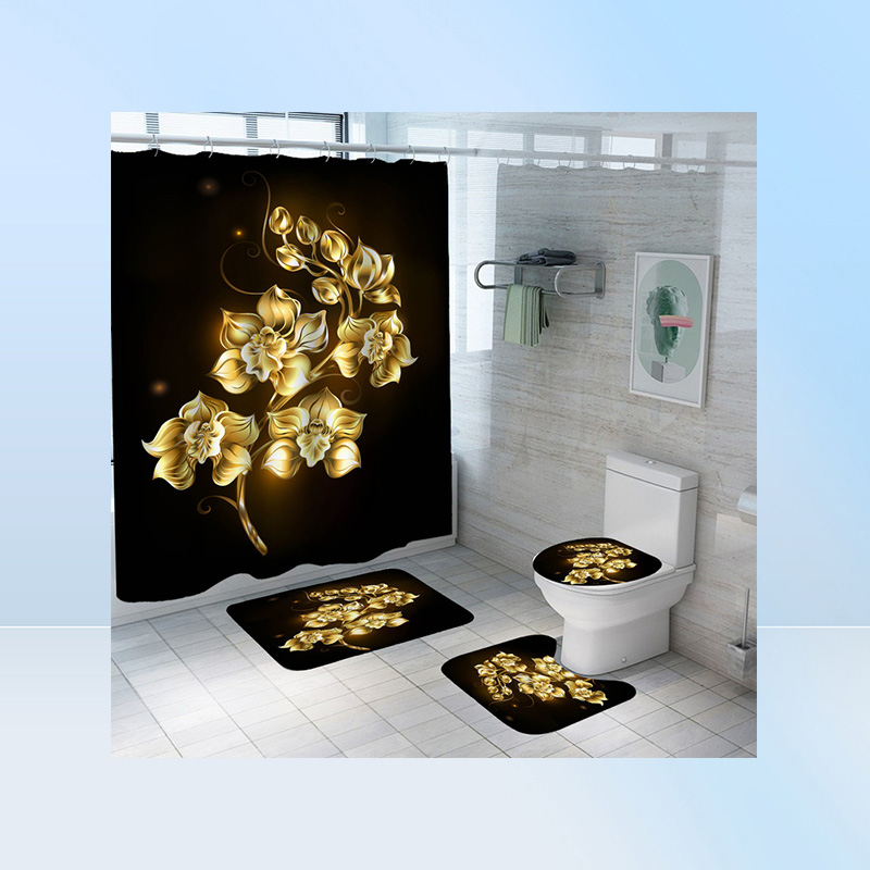 Shiny Blue Golden Rose Waterproof Shower Curtain Set Toilet Cover Mat Nonslip Bath Rugs Bathroom Valentine039s Day Christmas De