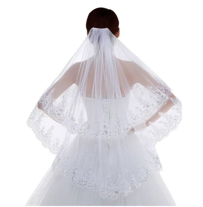 Two Layers Fingertip Length Bridal Veils With Comb Lace Appliques Ivory White Tulle Wedding Headpieces Accessories