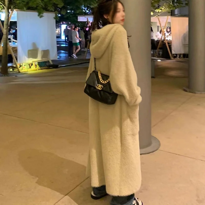 korean fashion hooded long cardigan women knitted long sleeve winter korean style clothes long sleeve knitwears fall pink 240131