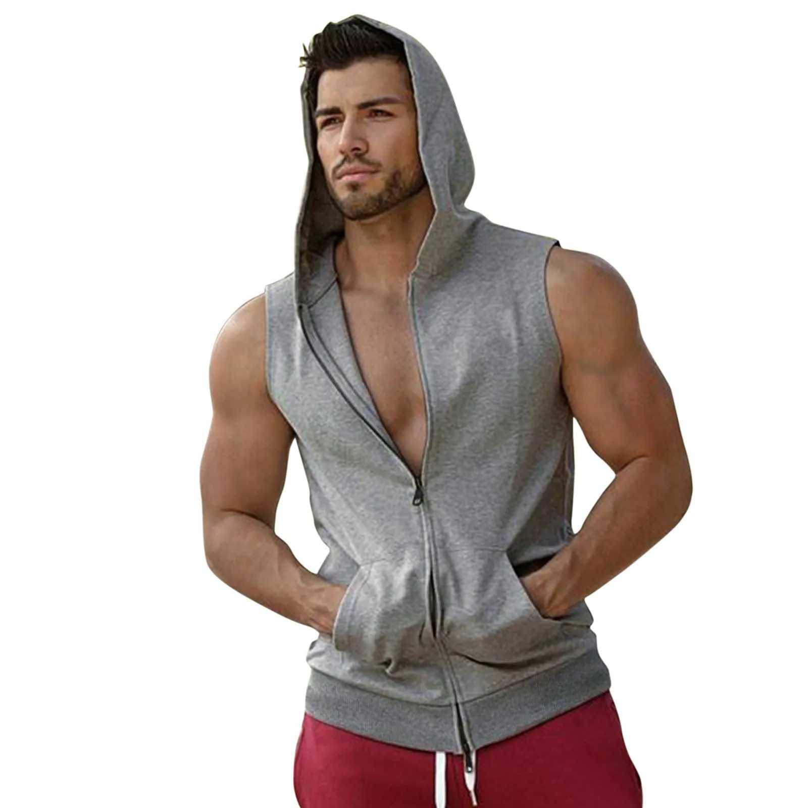 Men's Tank Tops Mens Casual Fitness Hooded Double Zipper Tank Tops Bodybuilding Gym Clothing Men Fitness Muscle Sleeveless Vest Top Ropa Hombre Y