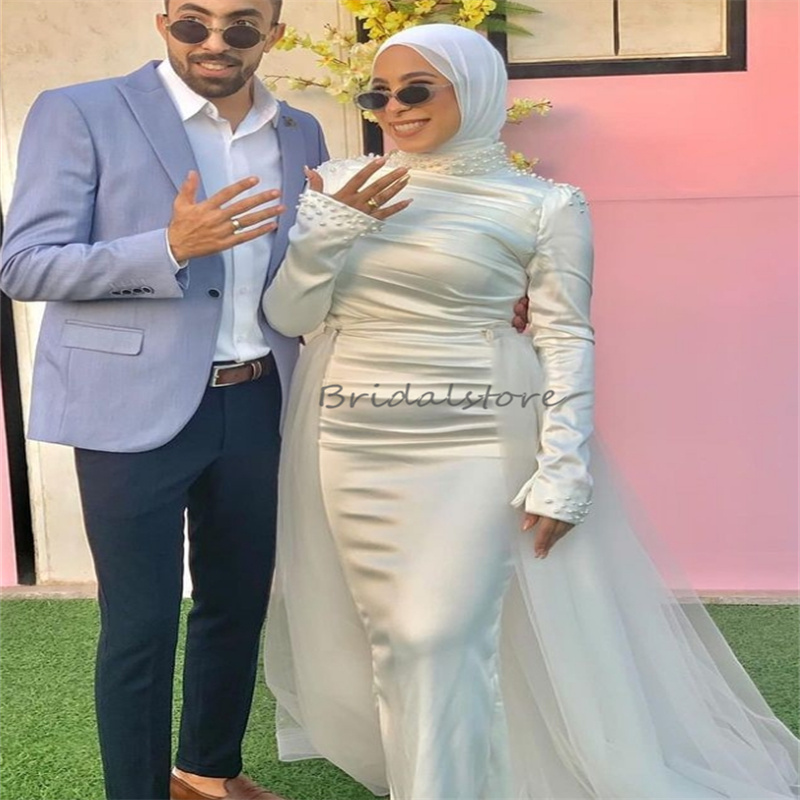 Saudi Arabic Mermaid Wedding Dress With Overskirt High Neck Muslim Dubai Pearls Bridal Gowns Long Sleeve Country Turkey Bride Rustic Islamic Robe De M
