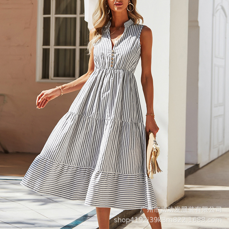 New Summer Dress Women Sleeveless Casual Stripe Printed V Neck Bandage Midi Dress Female Knee-Length Vintage Dress For Lady 210412