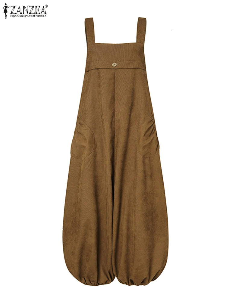 ZANZEA Women Corduroy Rompers Autumn Vintage Jumpsuits Overalls Fashion Loose Wide Leg Pants Casual Drop-Crotch Long Trousers 240129