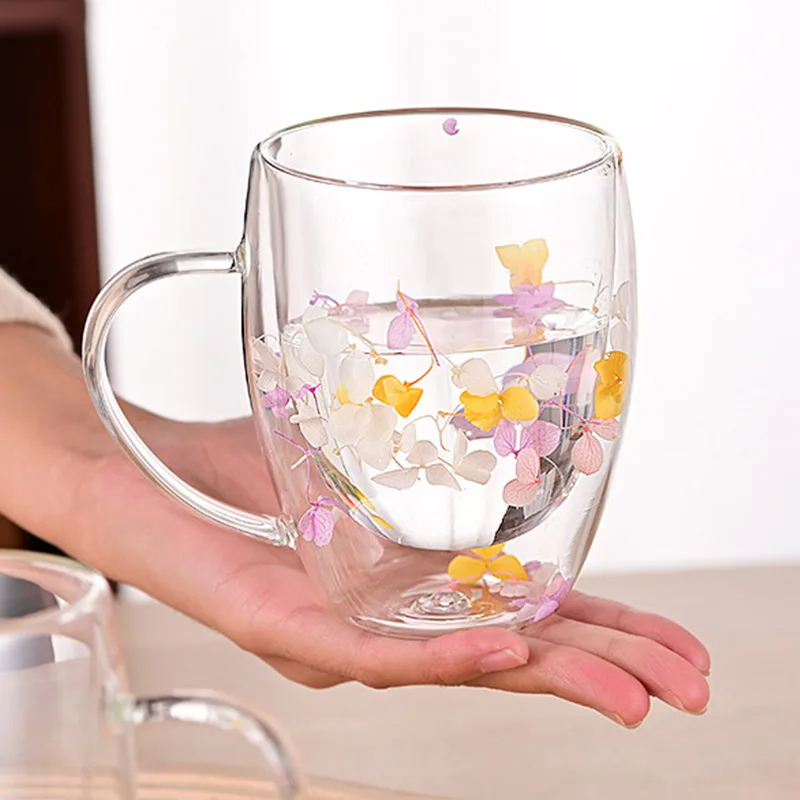 350ml Double Wall Glass Mug Cup With Dry Flower Fillings With Handles kitchen accessories WLL2148