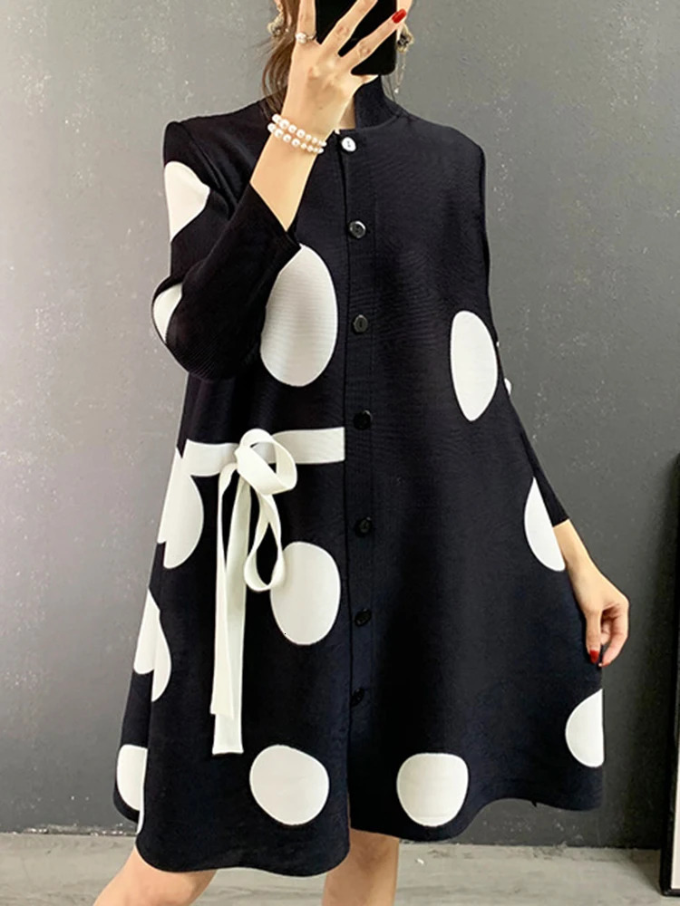 GVUW Stand Collar Pleated Dress 2024 Autumn Single Breasted Drawstring Dot Printing Festival Clothing Women Elegant 25D1062 240127