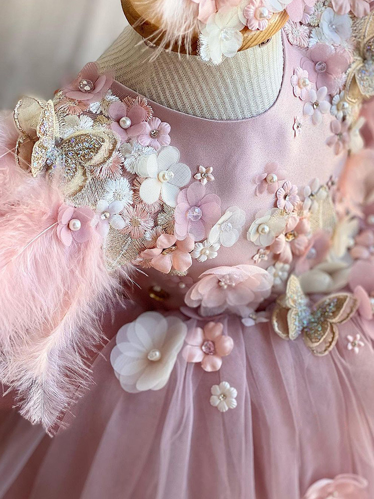 Pink Feather First Holy Communion Dresses Girls 2024 Brand Lace Infant Toddler Pageant Flower Girl Dress For Weddings 3D Flowers Tulle Puffy Birthday 