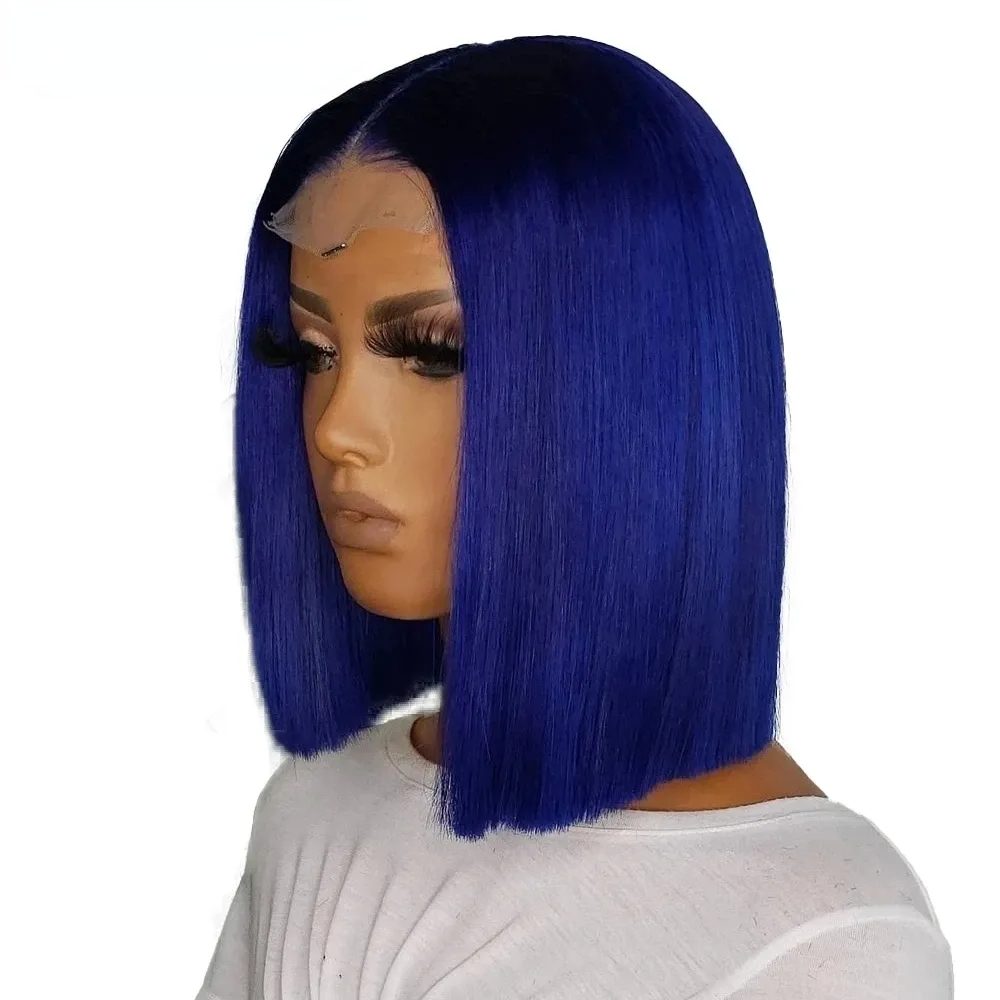 Brazilian 13x4 Lace Frontal Wigs Bone Straight Blue Colored 4x4 Short Bob Wig Human Hair for Black Women Pre Plucked