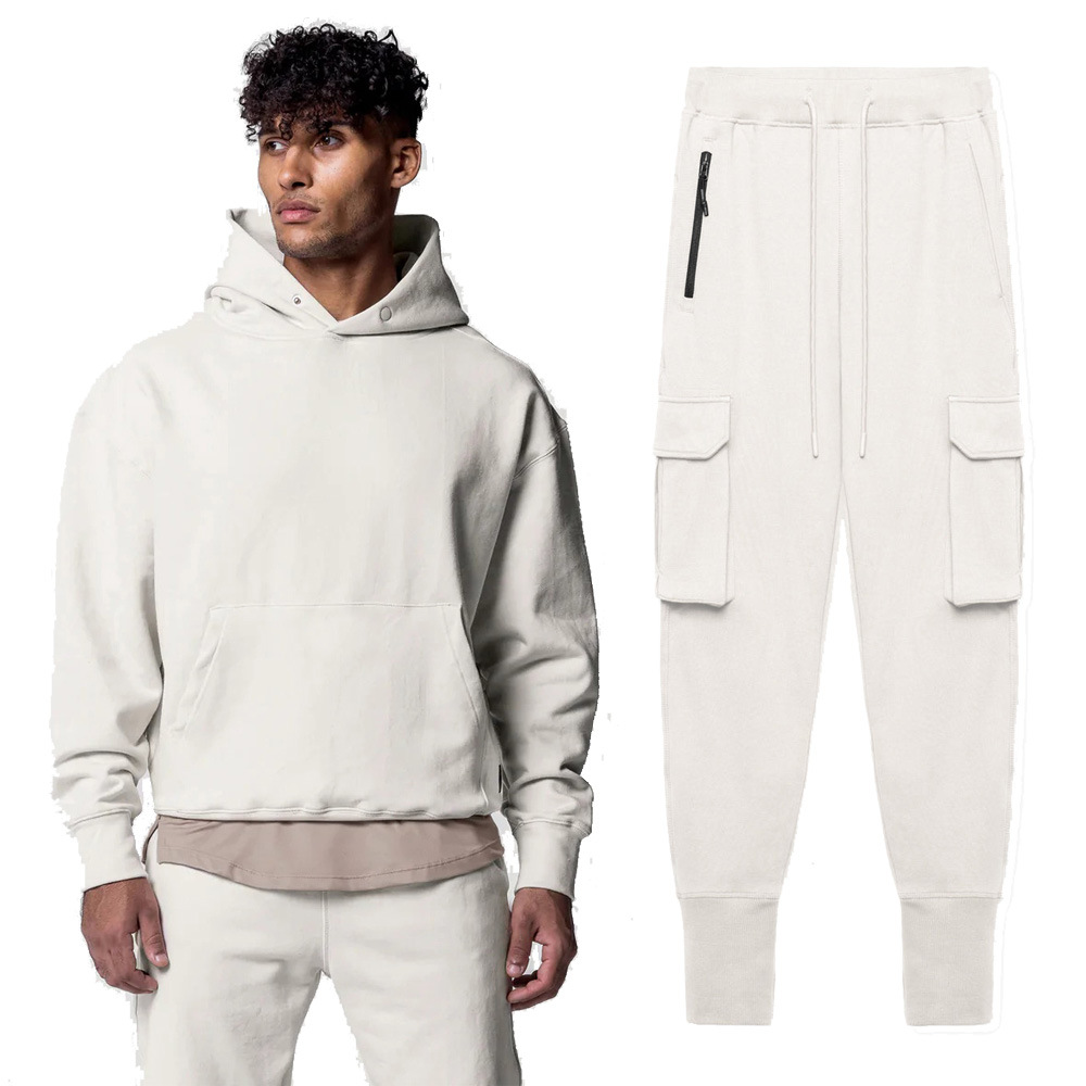 Mens Yoga Hooded + Sweatpant Outfit Sports Two-Piece Set Solid Color Sweater Sports Pants With Pockets Outwear 320