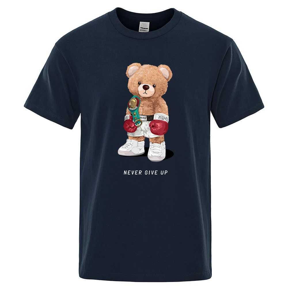 Men's T-Shirts Strong Boxer Teddy Bear Never Give Up Print Funny T-Shirt Men Cotton Casual Short Sleeves Loose Oversize S-XXXL Tee Clothing