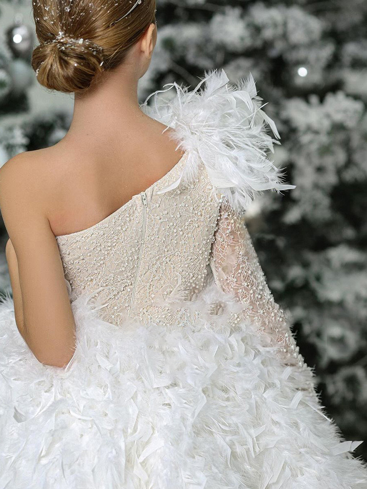 White Feather First Communion Dresses Girls 2024 Brand Infant Toddler Pageant Flower Girl Dress For Weddings And Birthday Fluffy Vestido Comunion 403