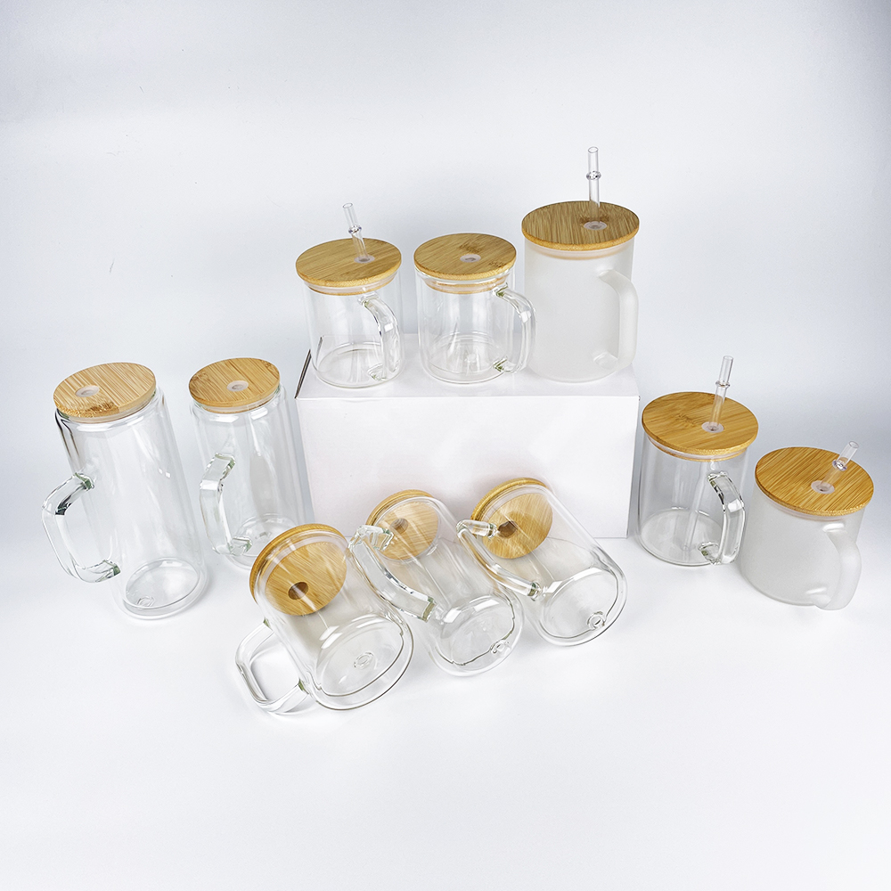 Reusable pre-drilled hole clear 15oz snow globe sublimation high borosilicate double walled glass coffee Milk beer mug with bamboo lid and handle For 