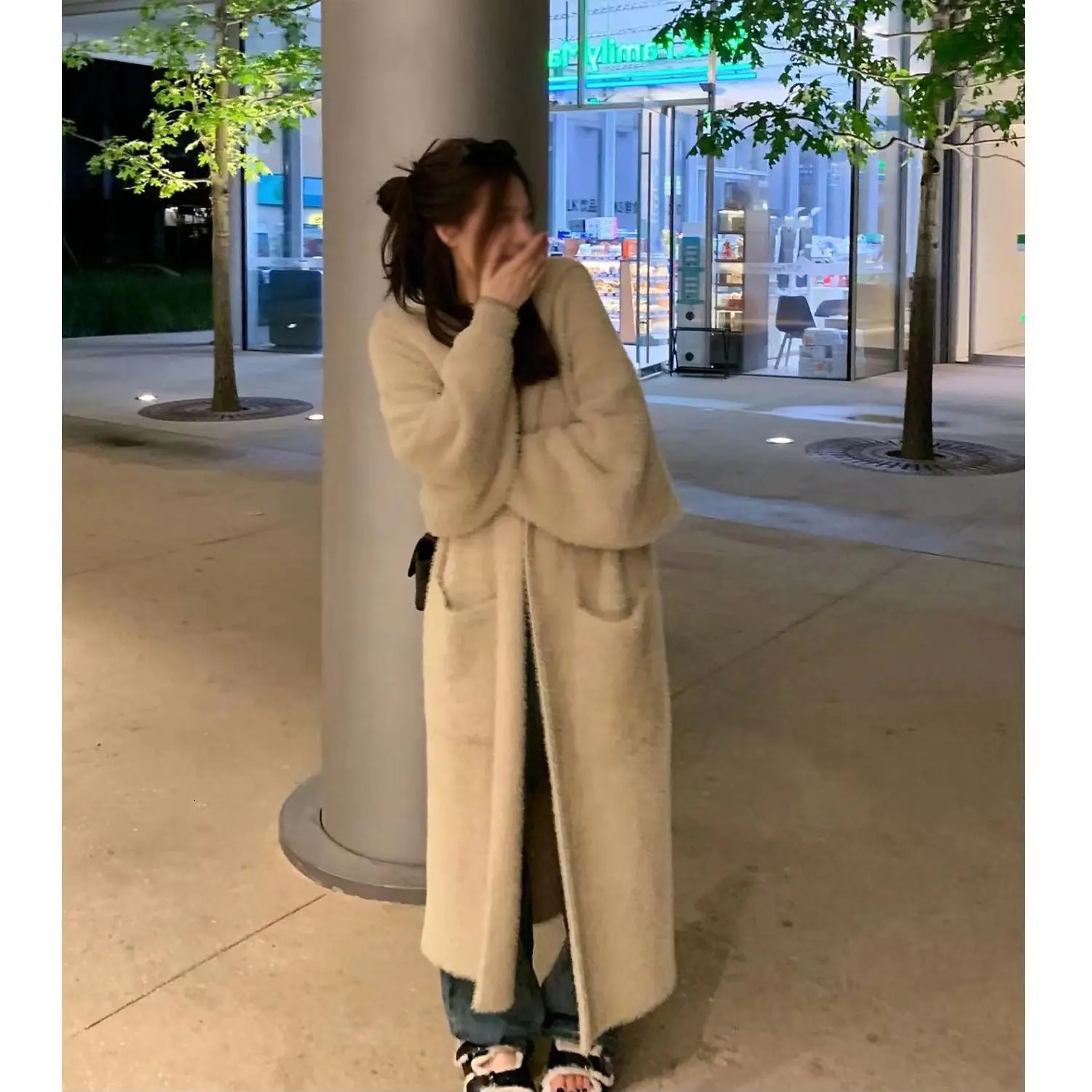 korean fashion hooded long cardigan women knitted long sleeve winter korean style clothes long sleeve knitwears fall pink 240131