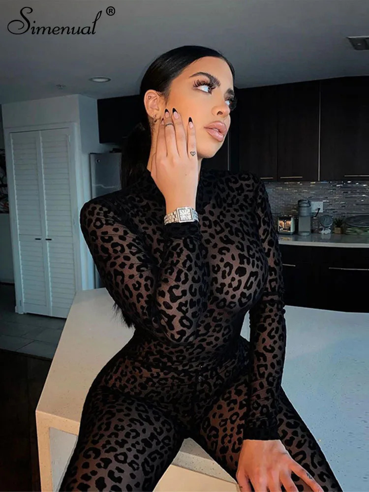 Simenual Animal Instinct Mesh Bodystocking Leopard See Through Velour Long Sleeve Rompers Womens Jumpsuit Sexy Midnight Clubwear 240129