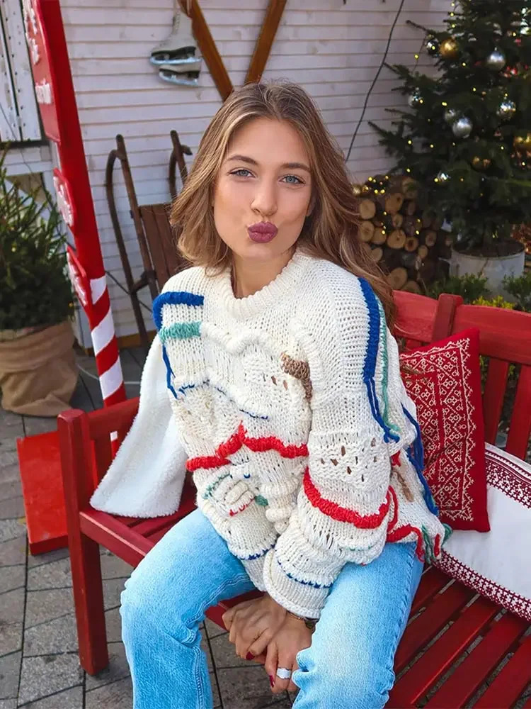 Fashion O Neck Knitted Sweater For Women Colorful Long Sleeve Warm Pullovers Spring Elegant Chic Female Highstreet Jumper 240130
