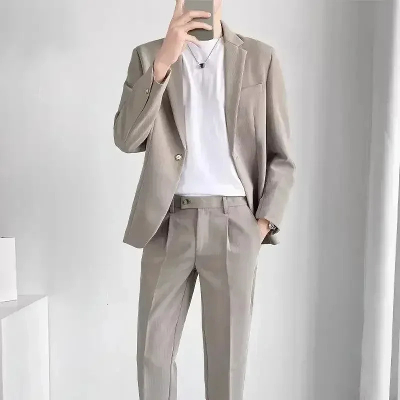 S-5XL High Quality Mens Suit Gentlemen Simple Business Casual Fit Suits 2 Pieces Set Classic Solid Color Jacket Blazer Pants 240126