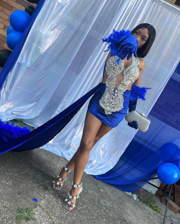 King Blue Velvet Mini Evening Cocktail Dresses with Train Crystal Beaded Feather Birthday Prom Gown vestidos de noche