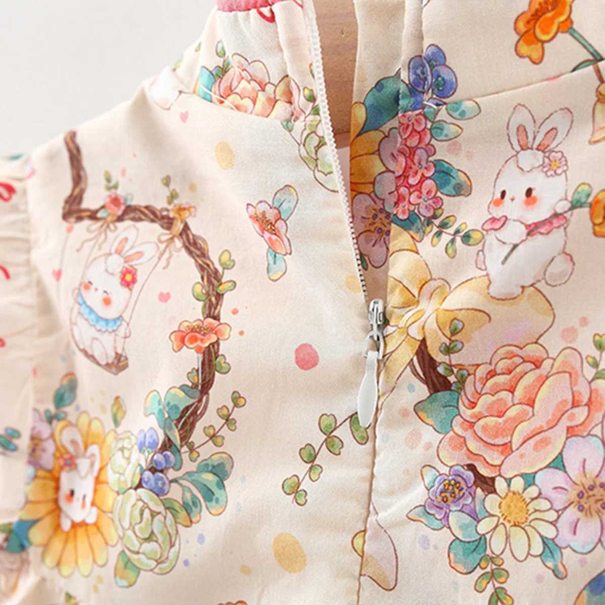 Summer Baby Girls New Dress Sweet Little Rabbit Printed Fly Sleeves Suitable for Chinese Style Qipao for Children Aged 80-120 X250220