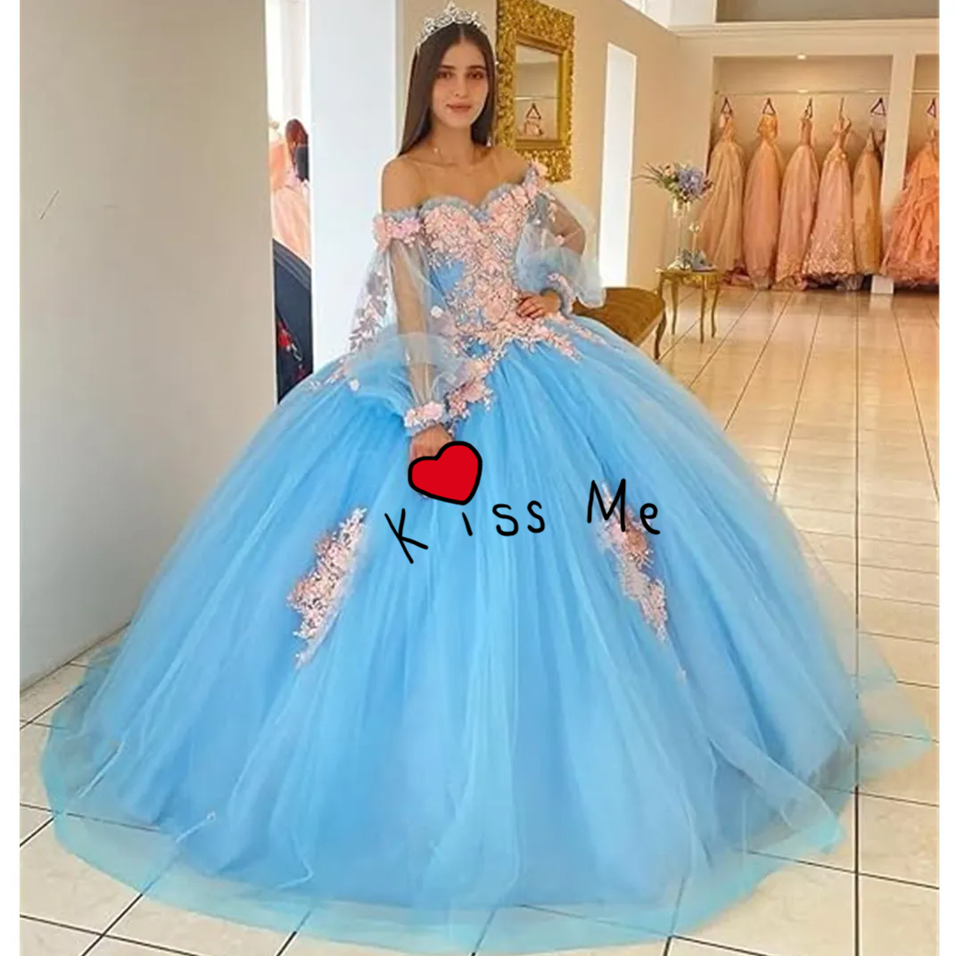 Princess Off The Shoulder Sky Blue Ball Gown Quinceanera Dress Beaded Birthday Vestidos De Novia Appliques Graduation Gown Lace Up Back Sweet 15 16 Pa
