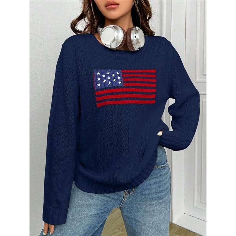 Autumn Winter New Loose Round Neck Flag Pattern Simple and Versatile Knitted Sweater