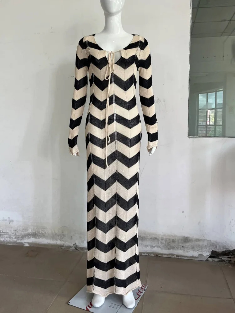 Wave Striped Knitted Dress Women Elegant Full Sleeve Slim Beach Holiday Dresses Fall Fashion Lace Up Hollow Out Maxi Dress 2024 240731