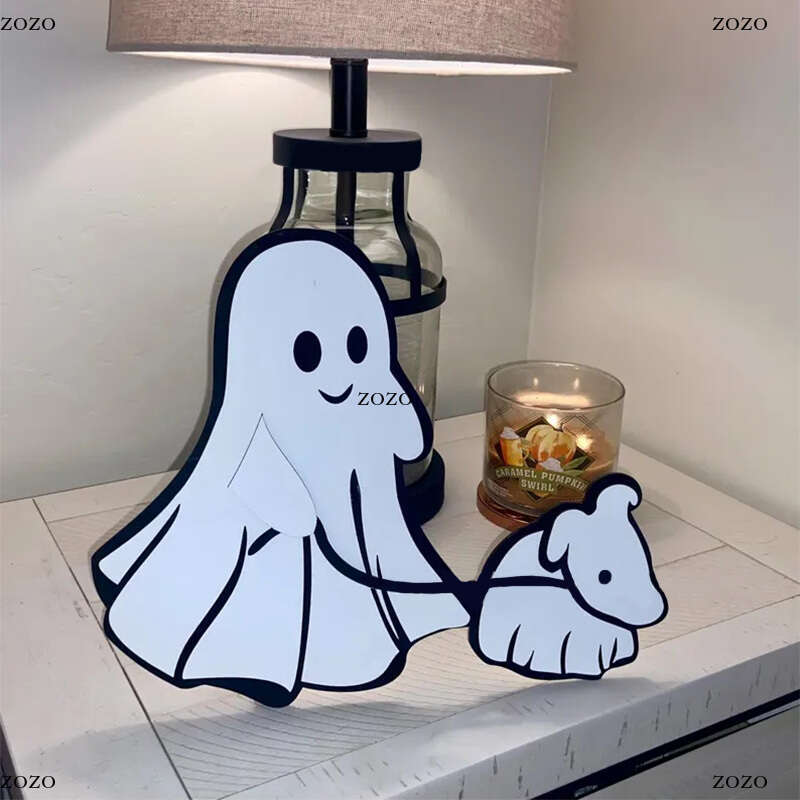 Halloween Ghost Walking Dog Statue Cute Spooky Ghost Dog Halloween Ornament Festival Gift Figurine Household Tabletop Decoration