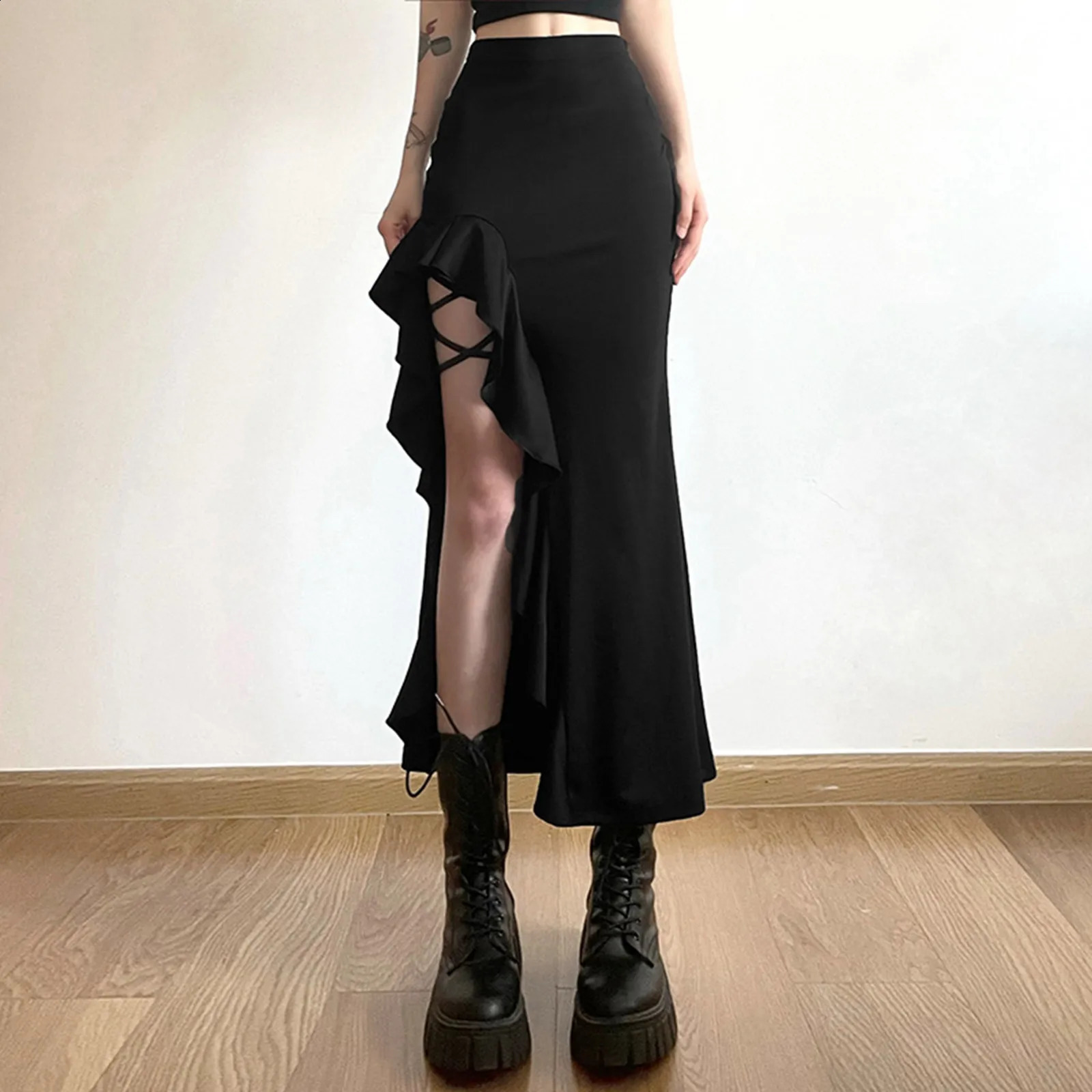 Gothic High Waist Bodycon Skirt Women Punk Ruffles Split Skirts Y2K Streetwear Faldas Mujer Korean Fashion Solid Maxi Skirt 240729