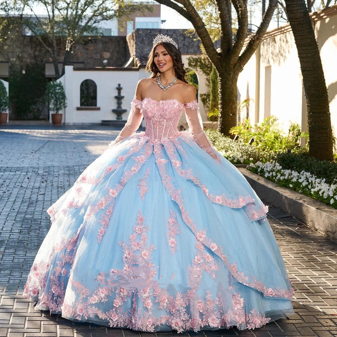 Gorgeous Light Sky Blue Princess Quinceanera Dresses With Pink 3D Floral Appliques 2026 Flowers Bow Back Colorful Sweety Birthday Party Dress For 15th