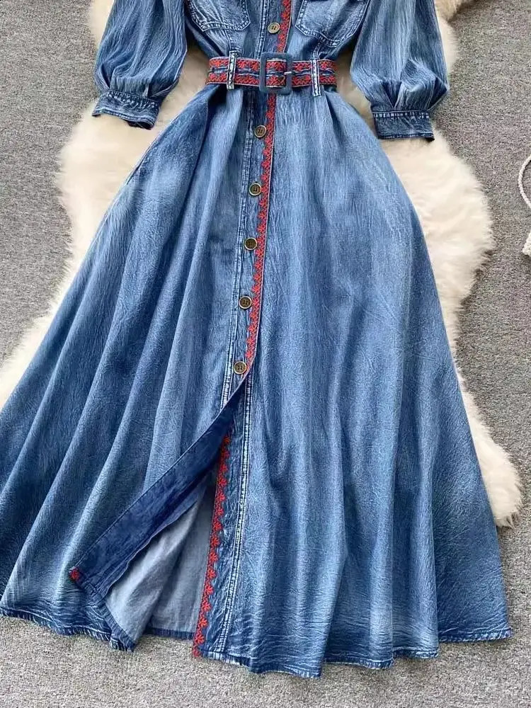 Autumn Fashion Blue Denim 100% Cotton Cowboy Dress Women Notched Three Quarter Sleeve Embroidery Jeans Elegant Long Vestidos 240801