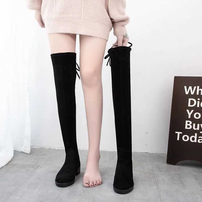 High Quality Thick high heels Fem autumn winter warm knee boots plain sexy Fi shoes black casual plus size 43 T241206