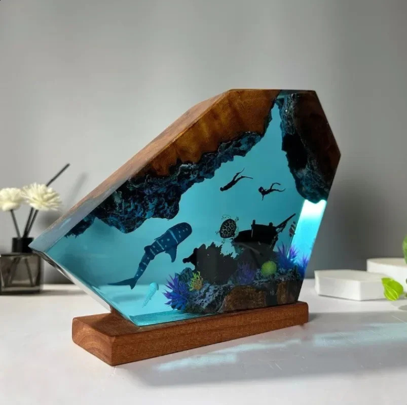 Ocean World Organic Resin Desk Lamp Decorative Lamp Shark Wreck Theme Night Light charging Creative Night Light 240731