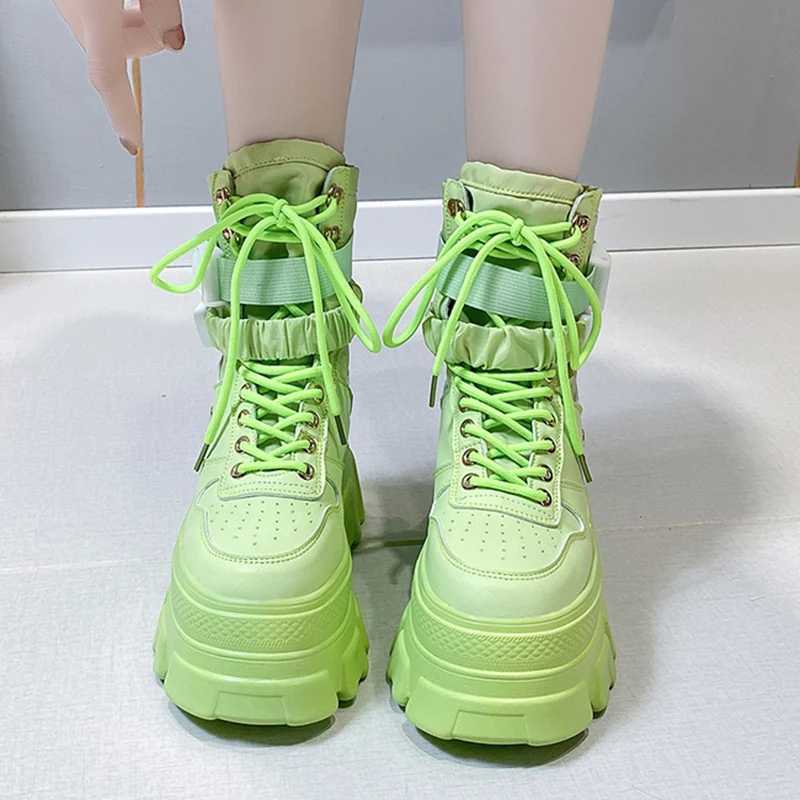 Rimocy Green Punk Chunky Platform Motorcycle Boots Women Autumn Winter Gothic Shoes Woman Thick Bottom Lace Up Ankle Botas MujerCL240801