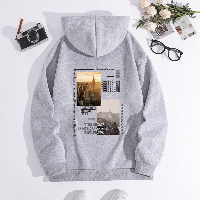 New autumn winter with city scenery, fashionable printing, hooded back cover, collar and velvet hoodie for women F8.1#25