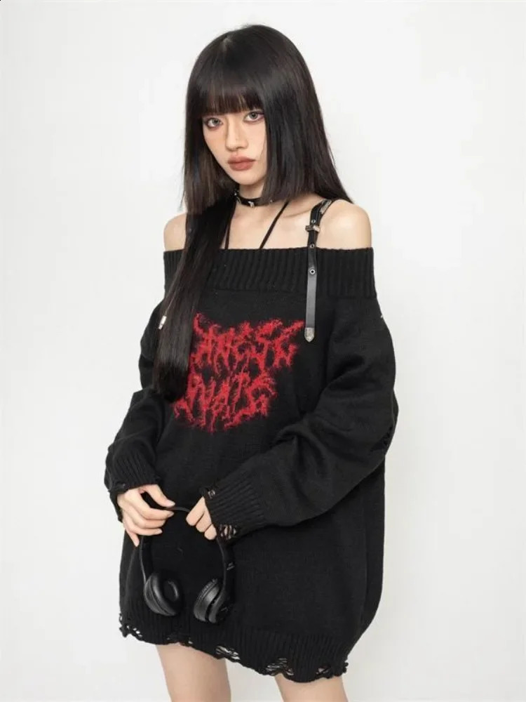 Harajuku Gothic Sexy Off Shoulder Knitted Jumpers Grunge Jacquard Sweater Fashion Knitwear Y2k Aesthetic Slash Neck Pullover 240812