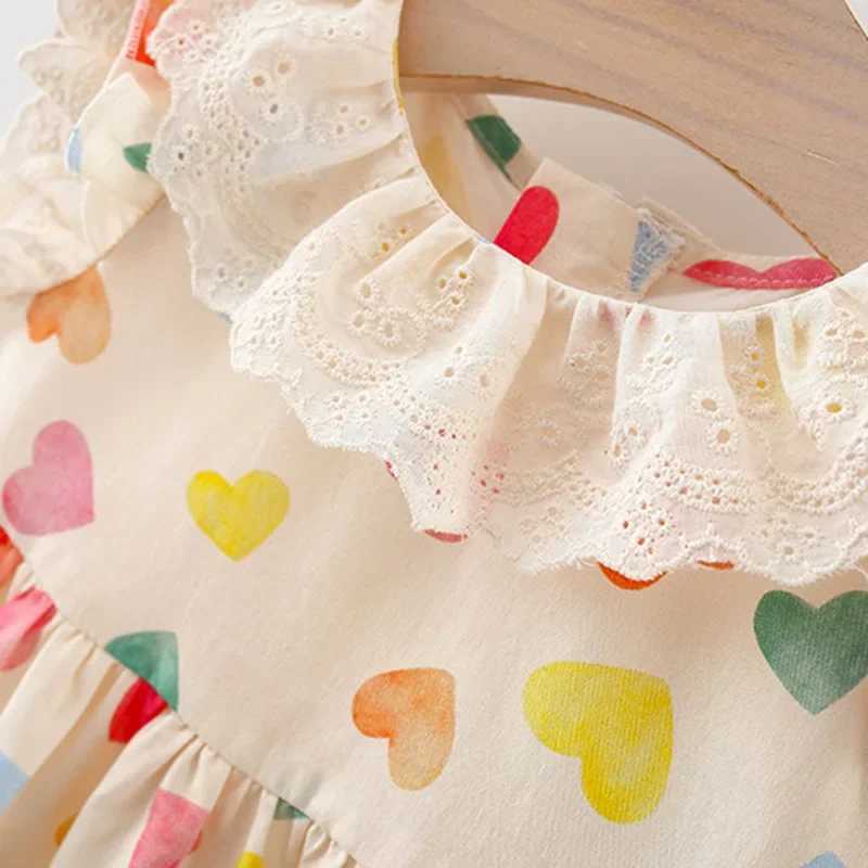 Summer New Baby Girl Dress Lace Small Sleeves Sweet Princess Dress Love Print Full Print Fold Fluffy X250220