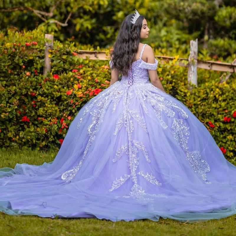 Lavender Princess Quinceanera Dresses Gillter Crystal Applique Lace Beads Tull Corset Lace-up vestidos de 15 anos Prom Sweet 16