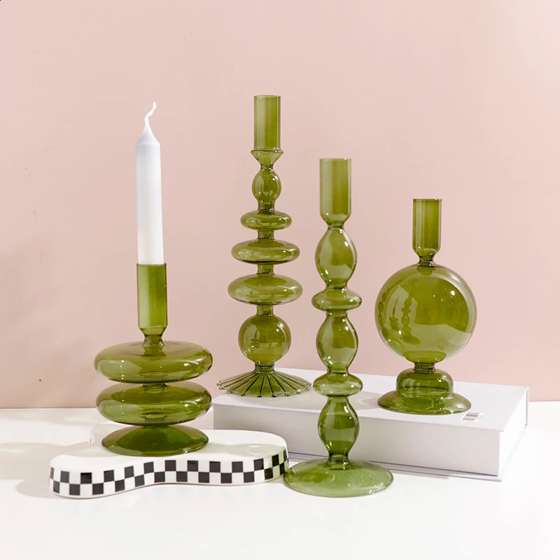 Deep Blue Green Glass Candle Holder Table Bookshelf Home Decoration Tapered Candle Holder Banquet Party Wedding Decoration 240801