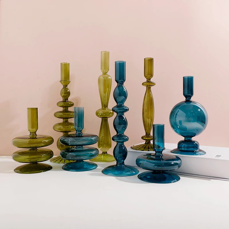 Deep Blue Green Glass Candle Holder Table Bookshelf Home Decoration Tapered Candle Holder Banquet Party Wedding Decoration 240801