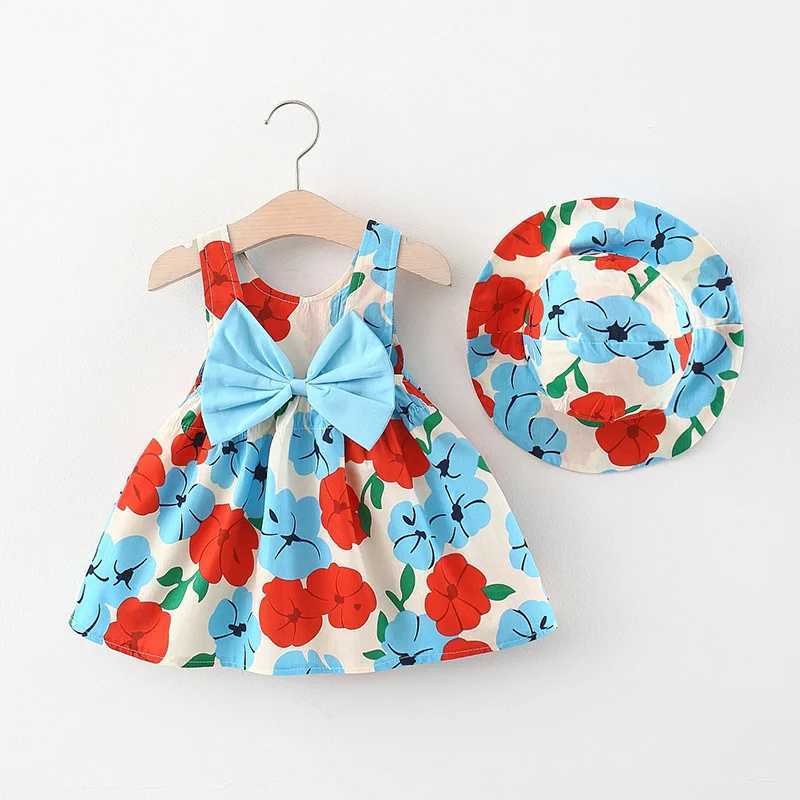 Summer Baby Girl Dress Flower Print Bow Princess Party Dress Hat Girl Outfits Children Clothes Set Toddler Infant Newborn DressY240809